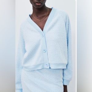 Zara Check Baby Blue Button Up V Neckline Sweater Size M